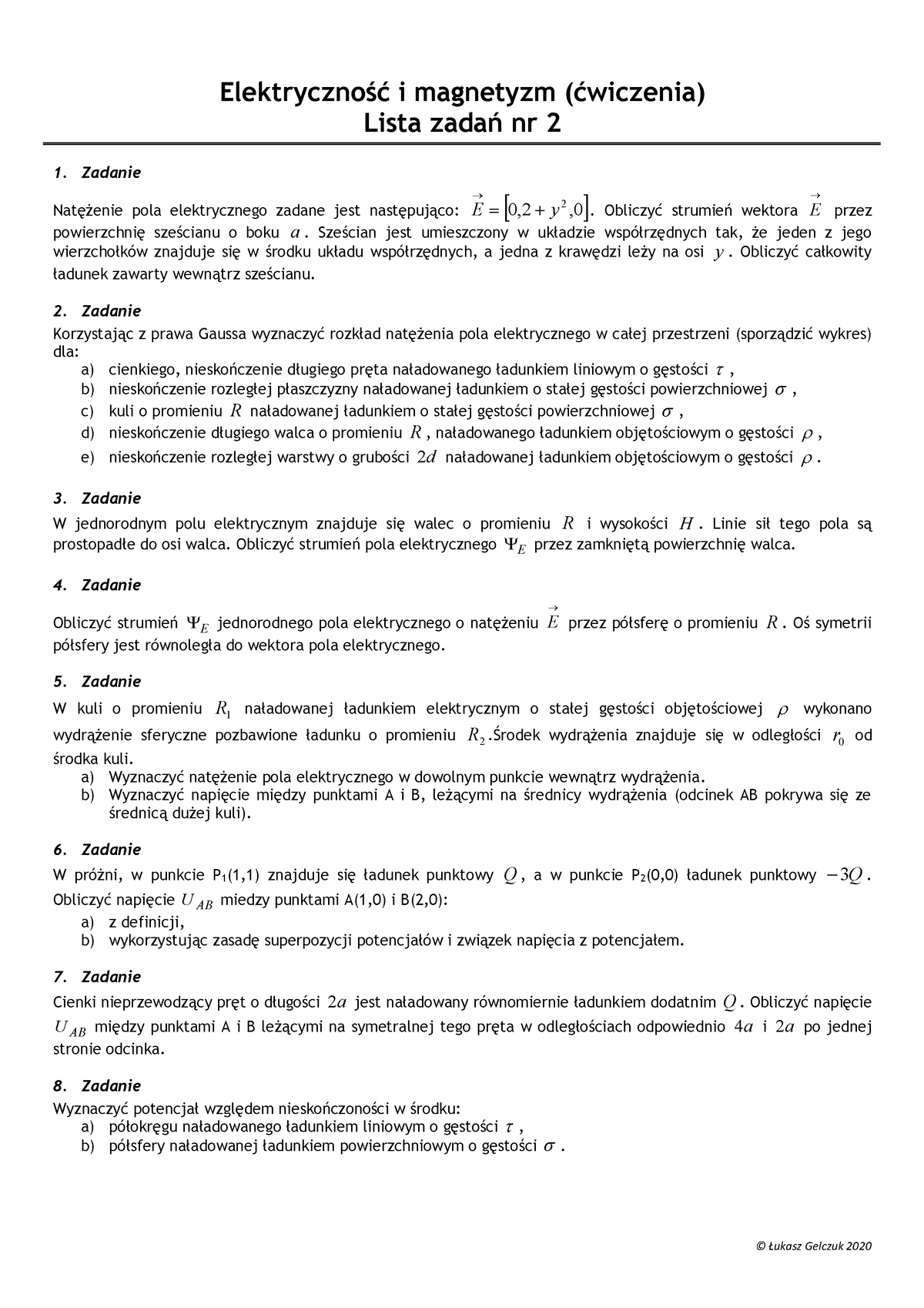 W12 Ei M Lista 2 Lista Ukasz Gelczuk Elektryczno Magnetyzm Wiczenia Lista Zada Nr Zadanie Nat Enie Pola Elektrycznego Zadane Jest Nast Puj Co Obliczy Studocu