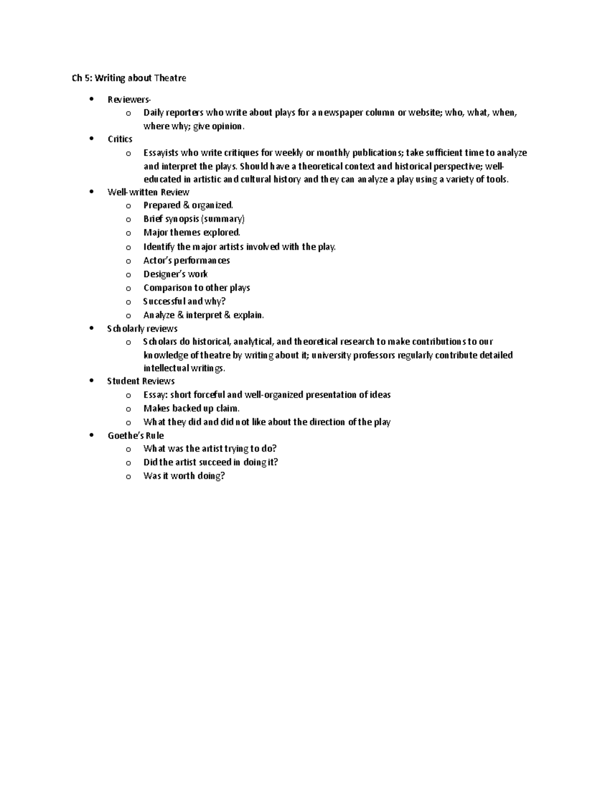 Theatre AppreciationCh5 Ch 5 Writing about Theatre Reviewers o