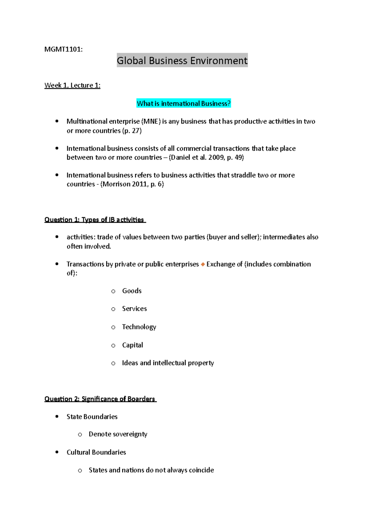 MGMT1101 Notes - MGMT1101: Global Business Environment Week 1, Lecture ...