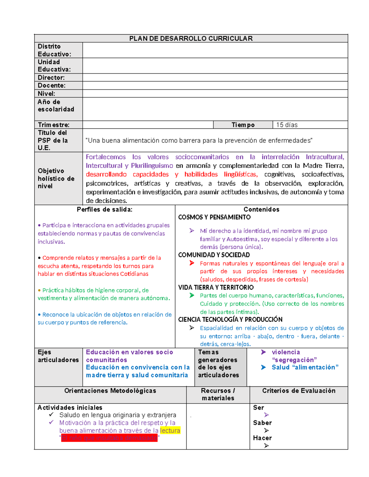 PDC FORM Inicial - PLAN DE DESARROLLO CURRICULAR Distrito Educativo ...