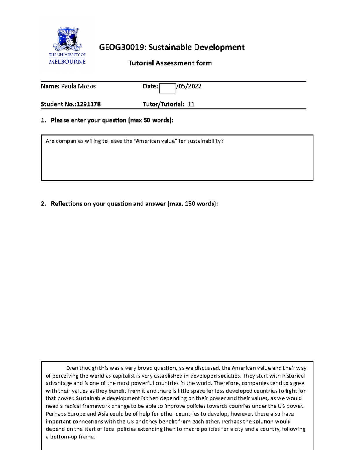 Refelction - reflection - GEOG30019: Sustainable Development Tutorial ...