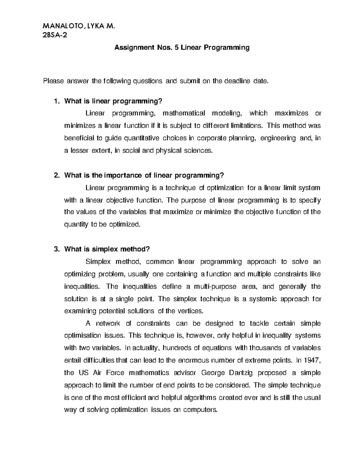 Assignment No.5 Linear Programming - MANALOTO, LYKA M. 2BSA- Assignment ...