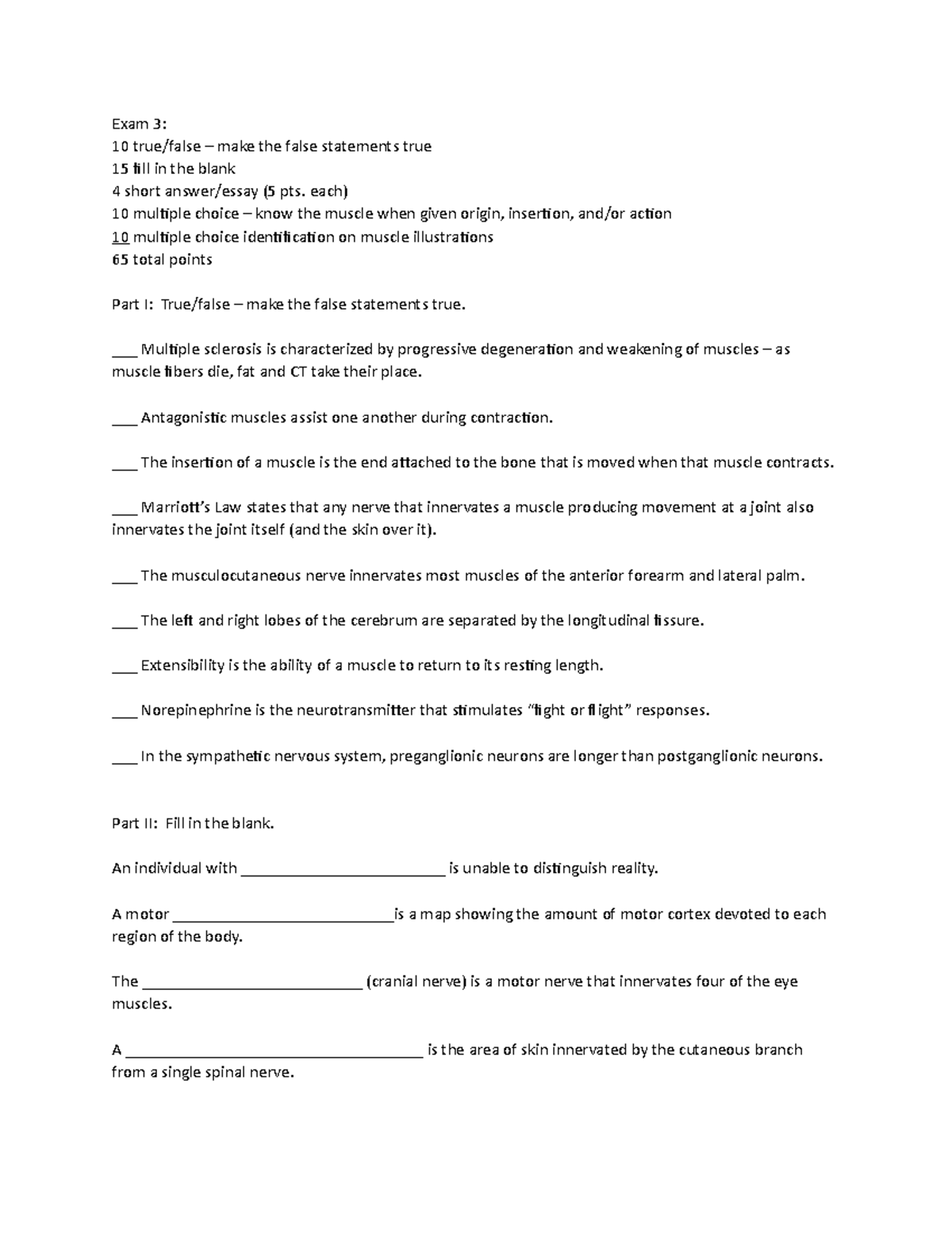 Anatomy - Iowa - exam 3 review sheet - Exam 3: 10 true/false – make the ...