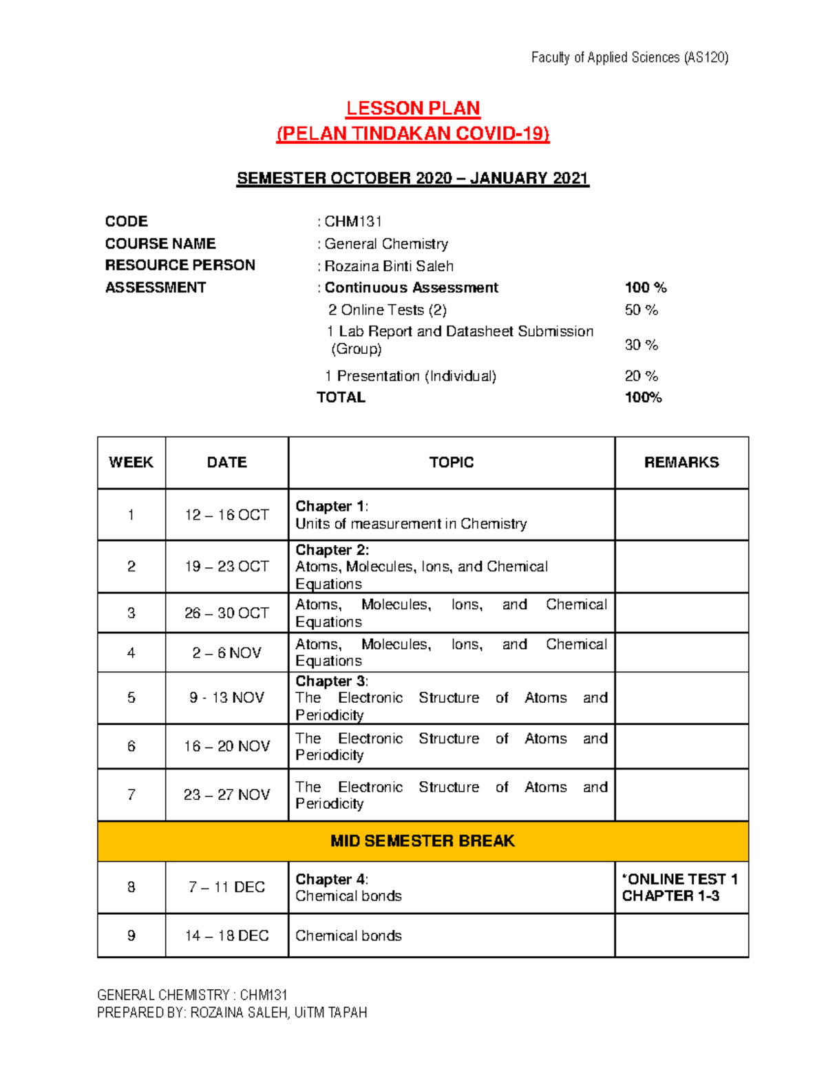 Lesson PLAN BY WEEK Tindakan Covid 2020 OCT2020 Updated - Faculty of ...
