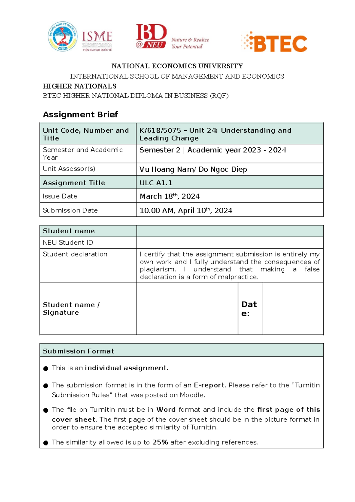 ULC A1.1 S24 - NATIONAL ECONOMICS UNIVERSITY INTERNATIONAL SCHOOL OF ...