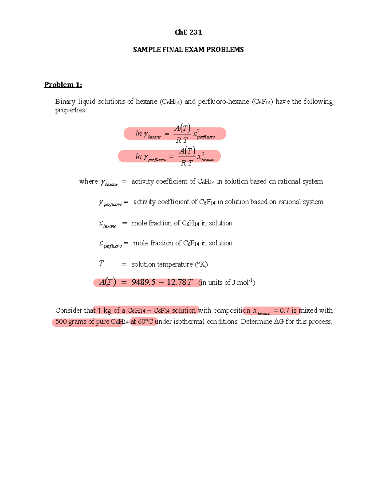 Ch E 231 Sample Final EXAM Problems - ChE 231 SAMPLE FINAL EXAM ...