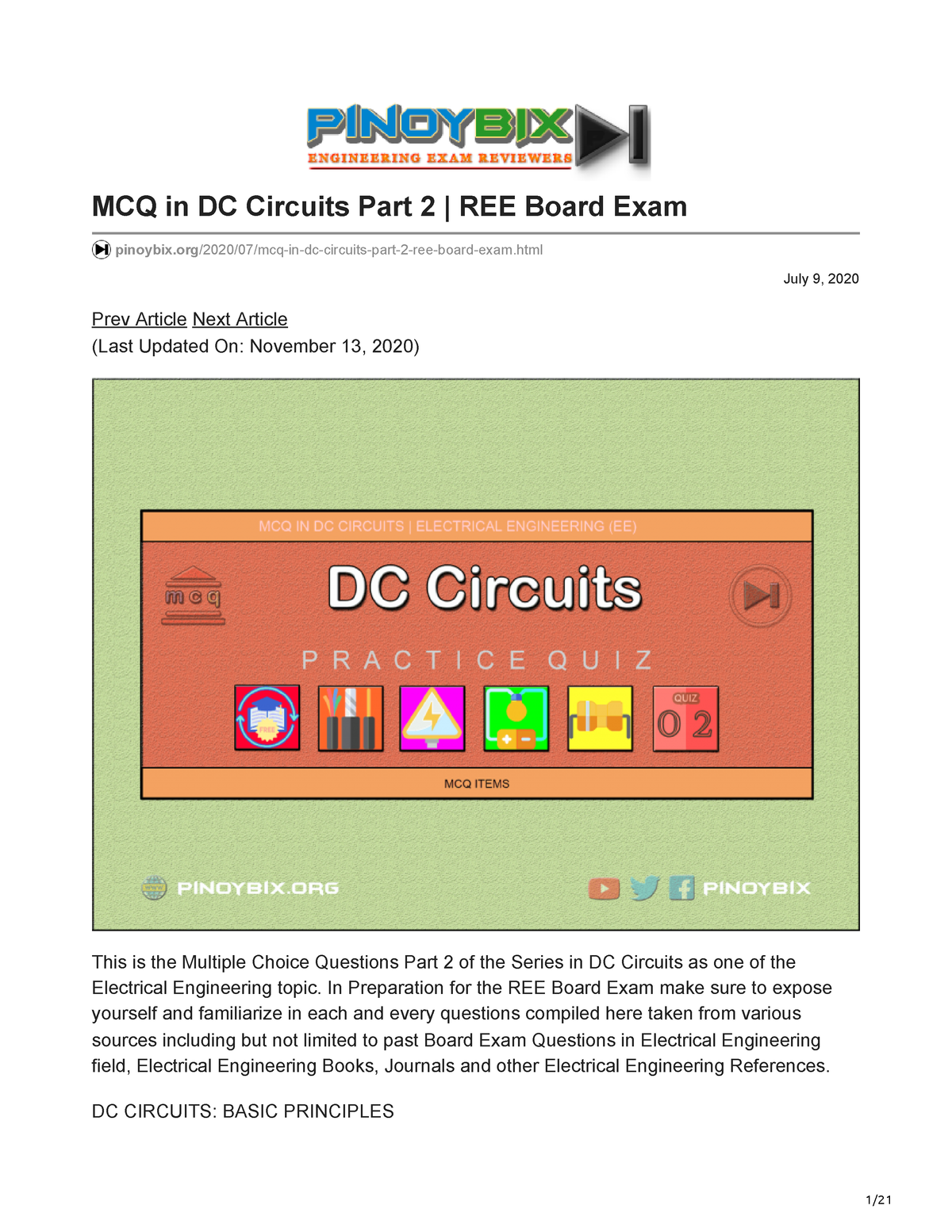 Pinoybix.org-MCQ In DC Circuits Part 2 REE Board Exam - July 9, 2020 ...