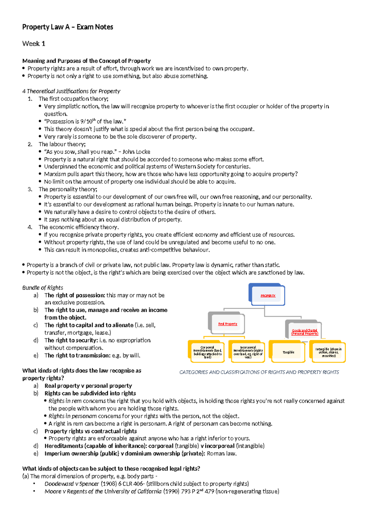 Exam Notes - Property Law A – Exam Notes Week 1 Meaning and Purposes of ...