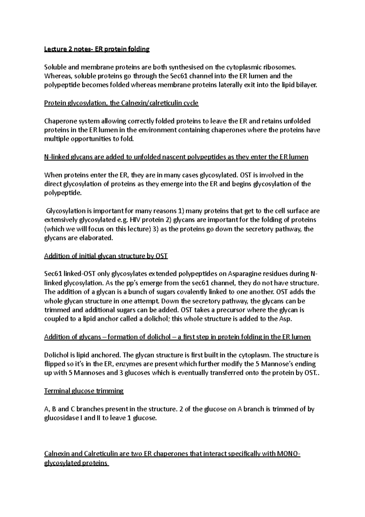 Lecture 2 notes ER protein folding Lecture 2 notes ER protein