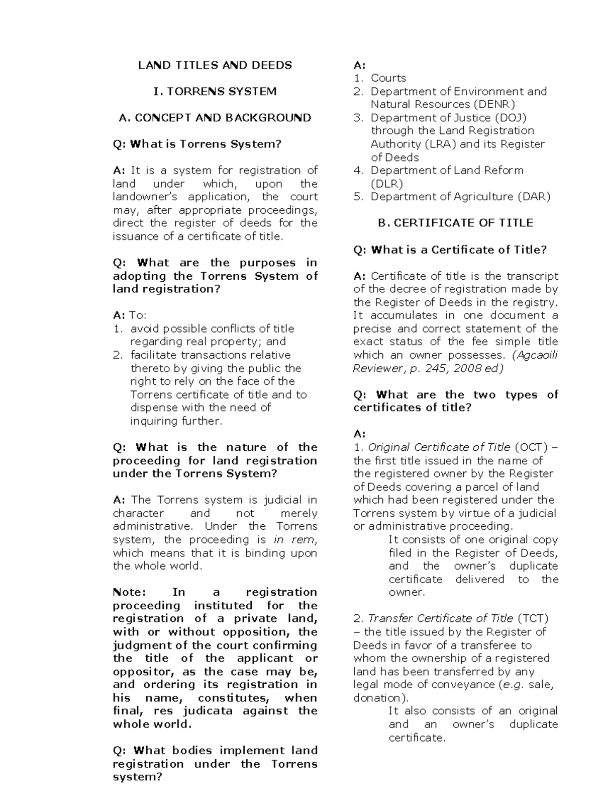 Dokumen Reviewers LAND TITLES AND DEEDS I. TORRENS SYSTEM A