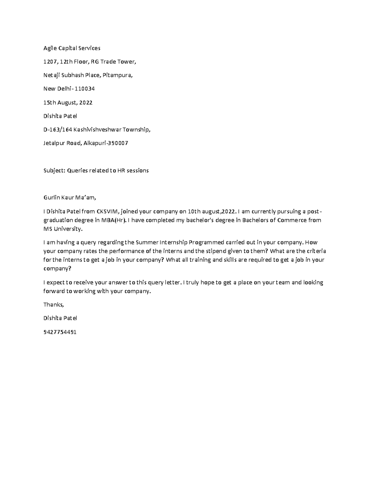 Letter for Internship - Agile Capital Services 1207, 12th Floor, RG ...