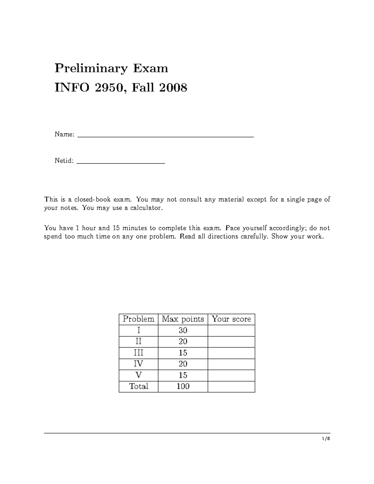 Practice-prelim - practice prelim exam - Preliminary Exam INFO 2950 ...
