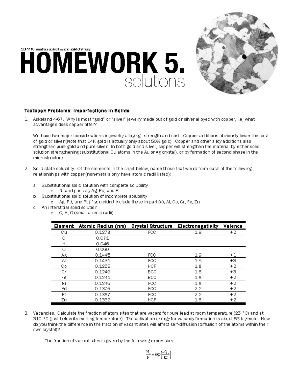 Mat Sci Homework 5 solutions SP2015 - HOMEWORK 5. solutions SCI 1410 ...