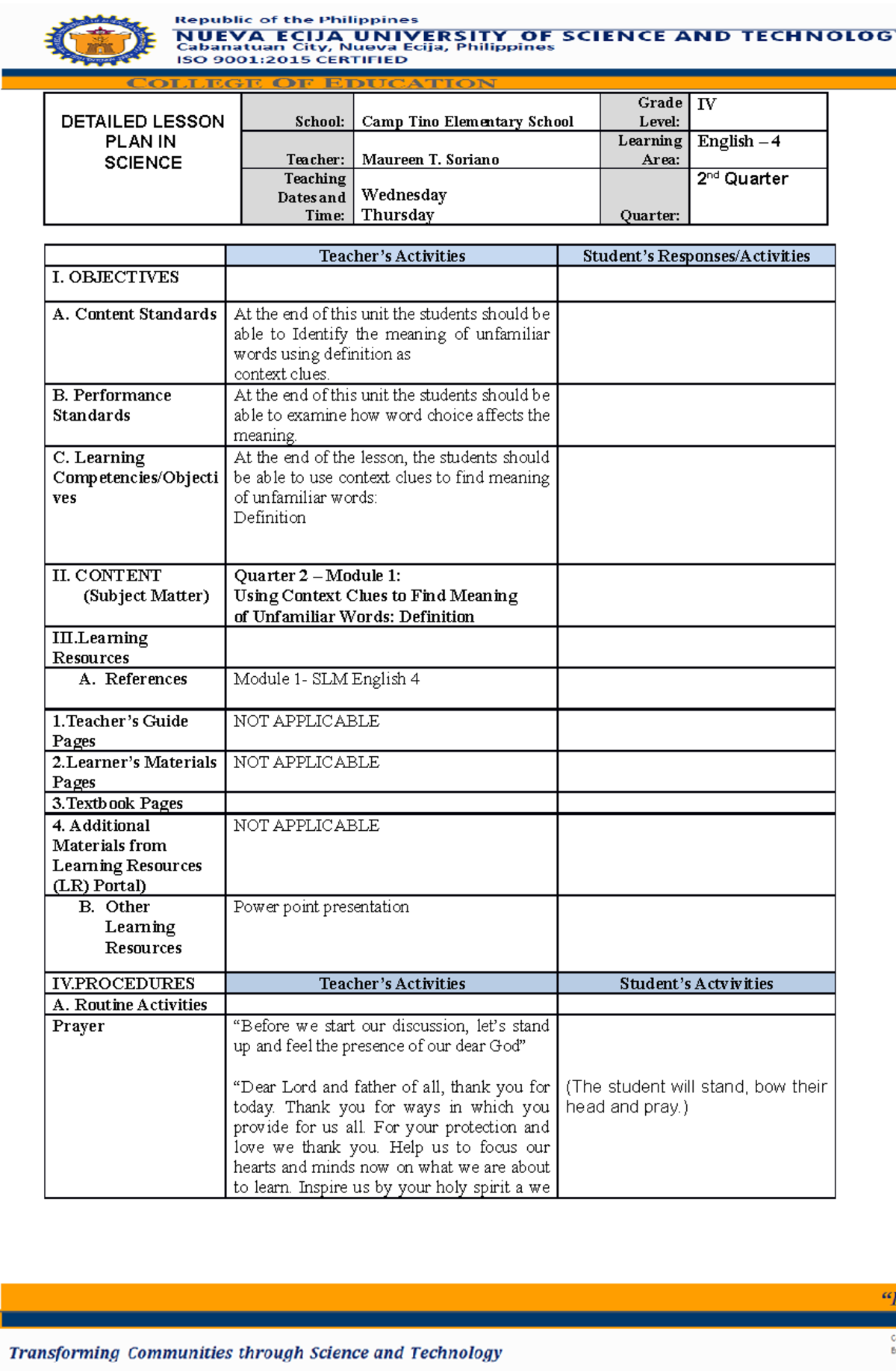 DLP - English 4 Connotation Denotation - DETAILED LESSON PLAN IN ...