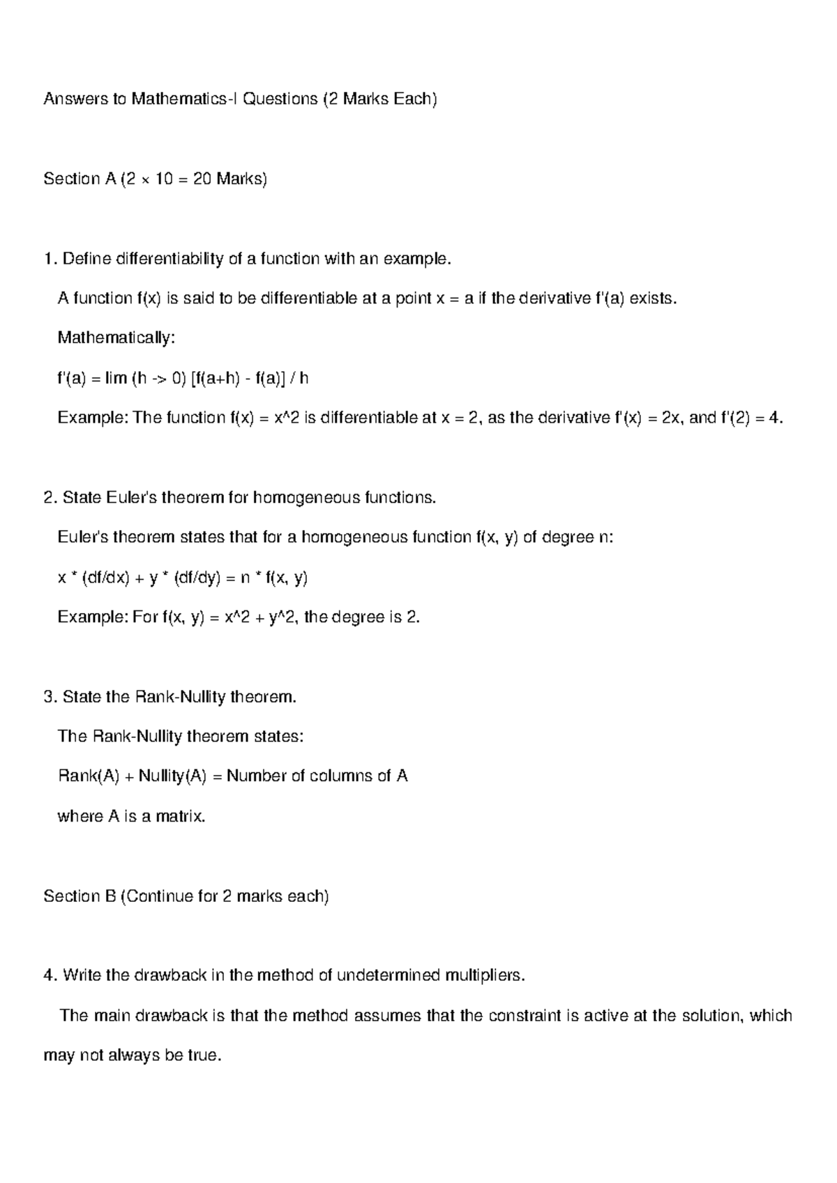 Mathematics I Answers - Maths 1 btech short question answer - Answers ...