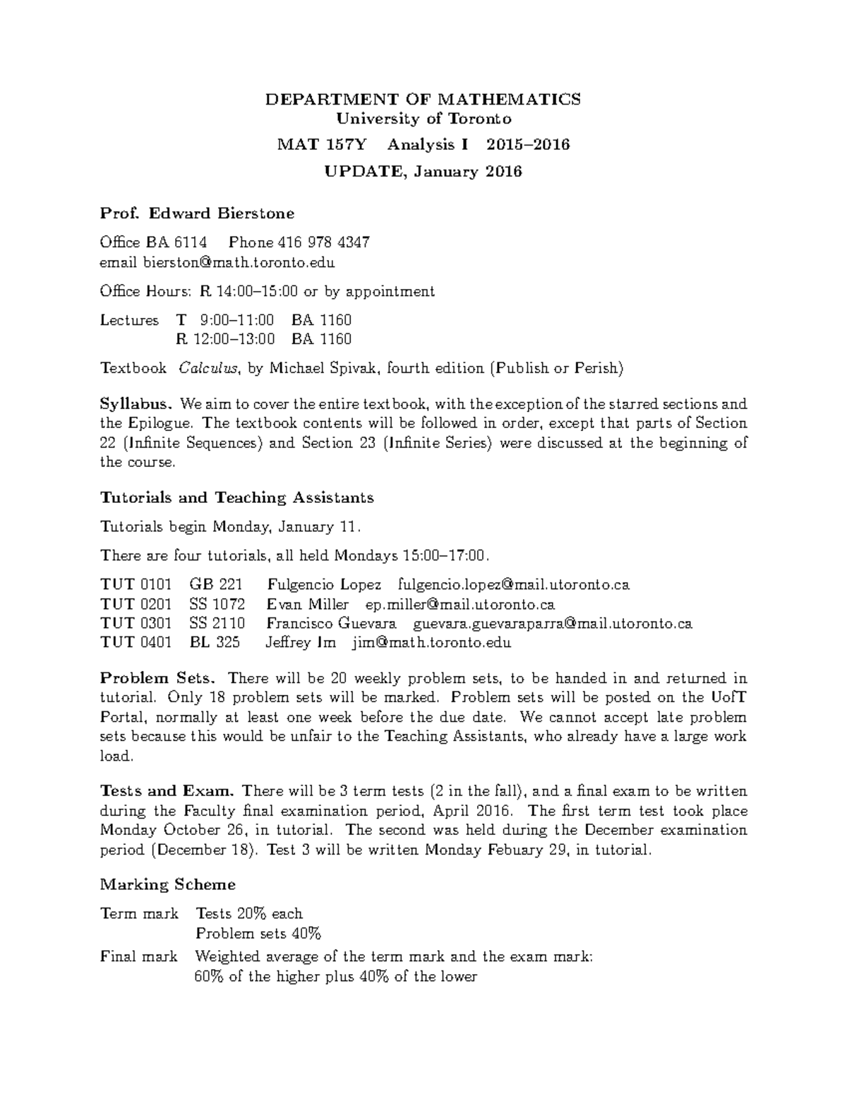 MAT157 Analysis I Syllabus DEPARTMENT OF MATHEMATICS University of