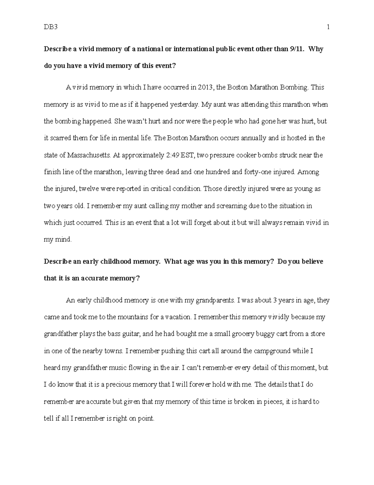 DB 3 Early and Vivid Memories DB3 1 Describe a vivid memory of a national or international