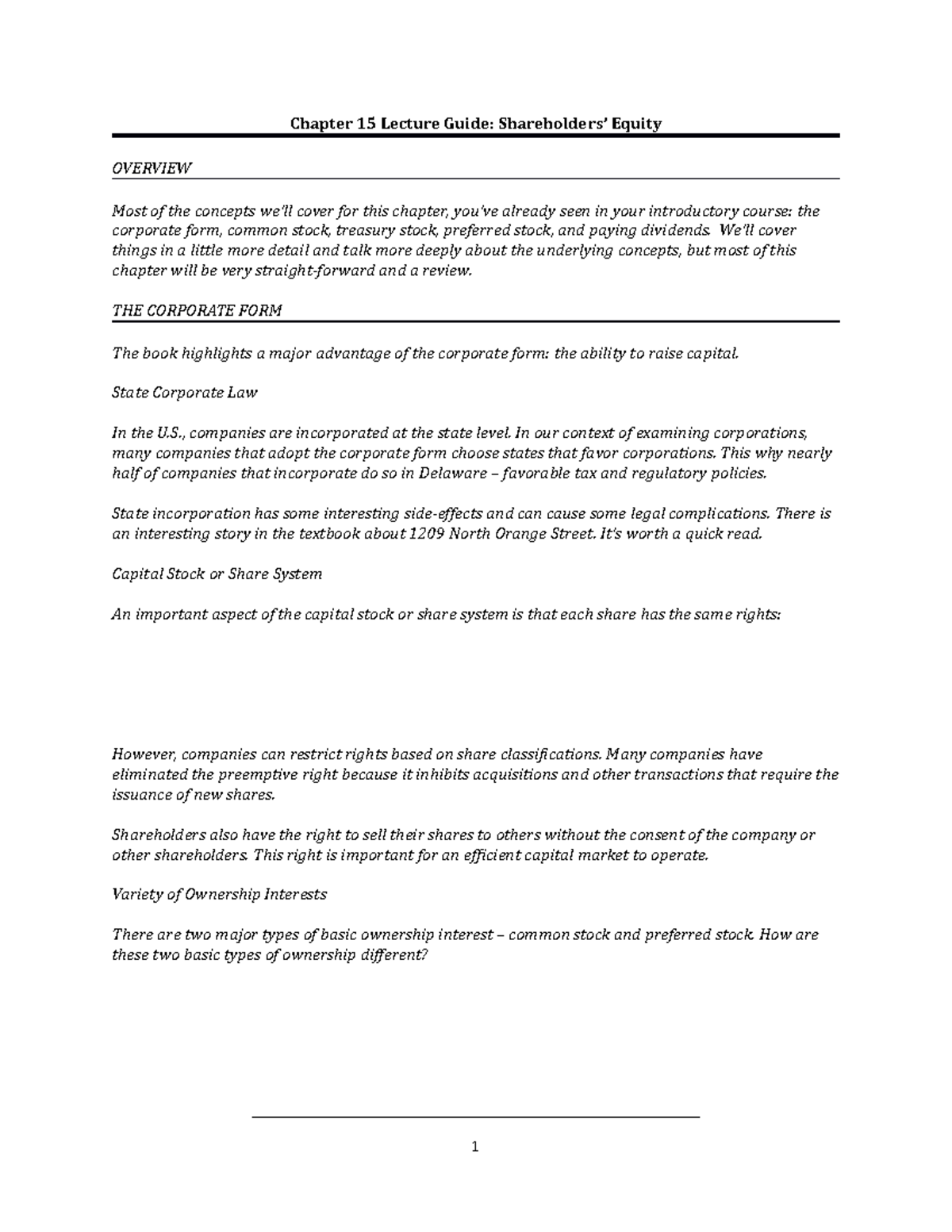 Chapter 15 Lecture Guide - Chapter 15 Lecture Guide: Shareholders ...