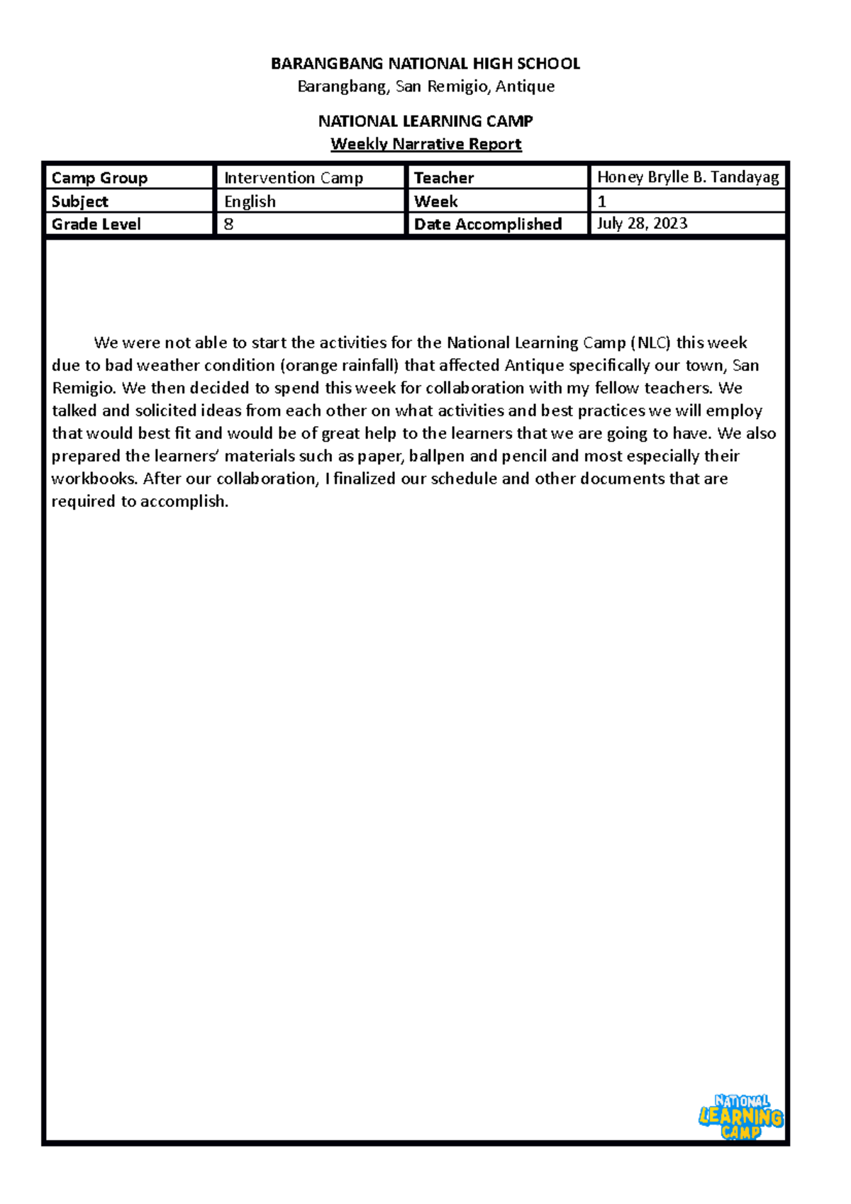 Narrative Report W1 - BARANGBANG NATIONAL HIGH SCHOOL Barangbang, San ...