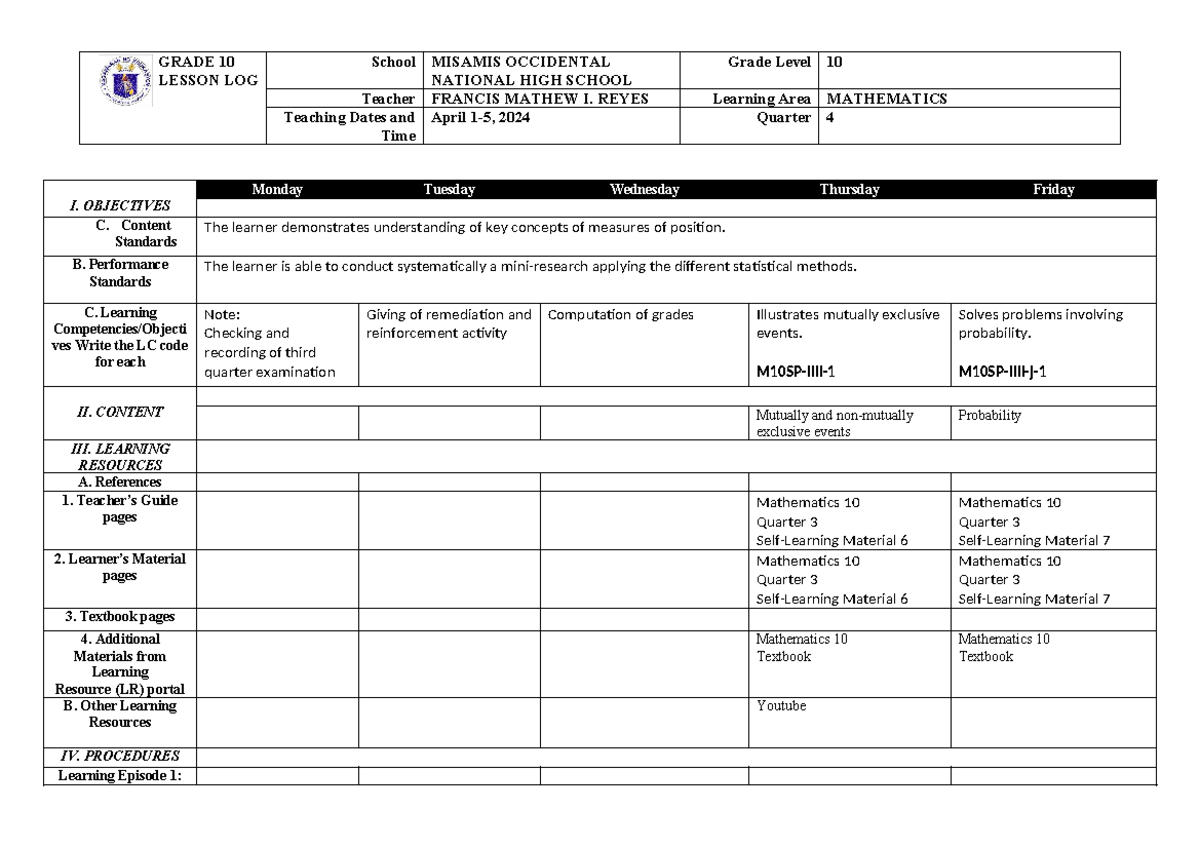 MATH10Q4April152024 IntegratedPLAN GRADE 10 DAILY LESSON LOG