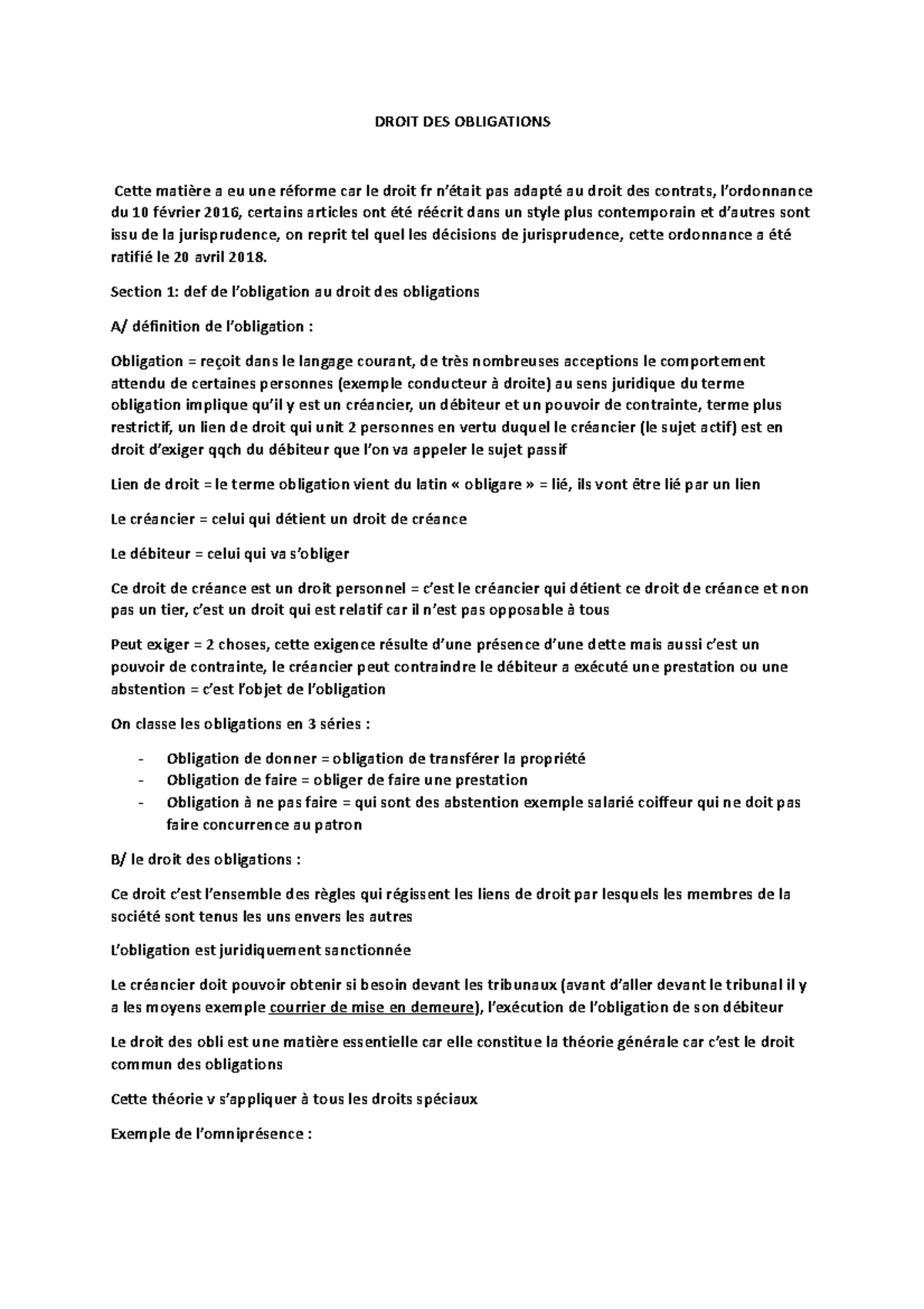 Droit DES Obligations DROIT DES OBLIGATIONS Cette matière a eu une