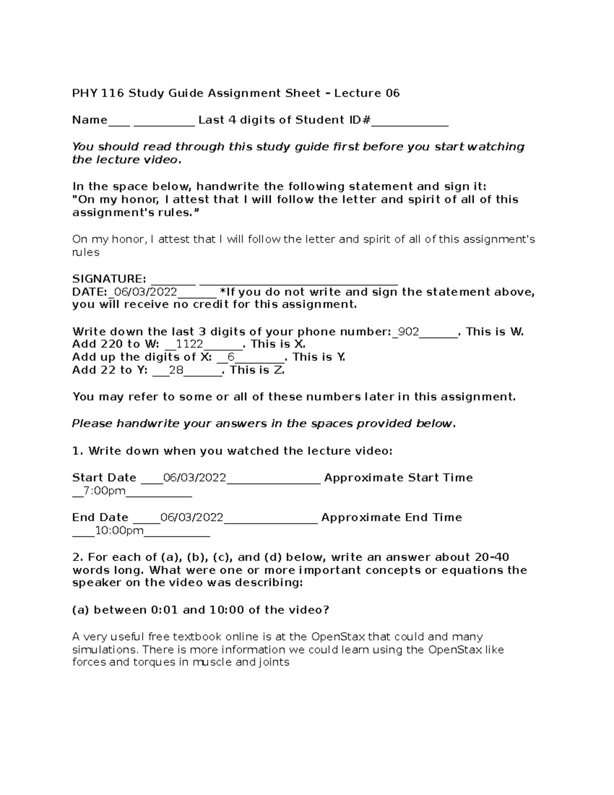 PHY 116 Study Guide 6 - the professor assigns weekly assignments like ...