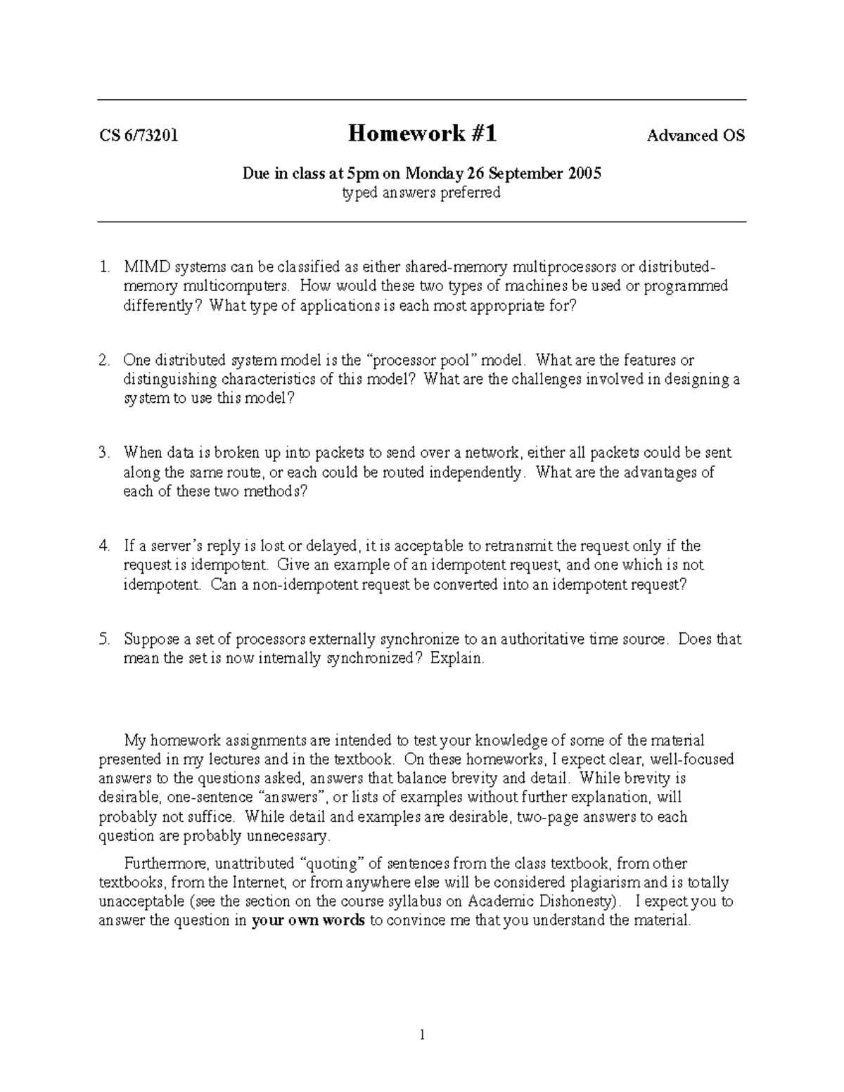 Seminar assignments - Homework 1 - 1 CS 6/73201 Homework #1 Advanced OS ...