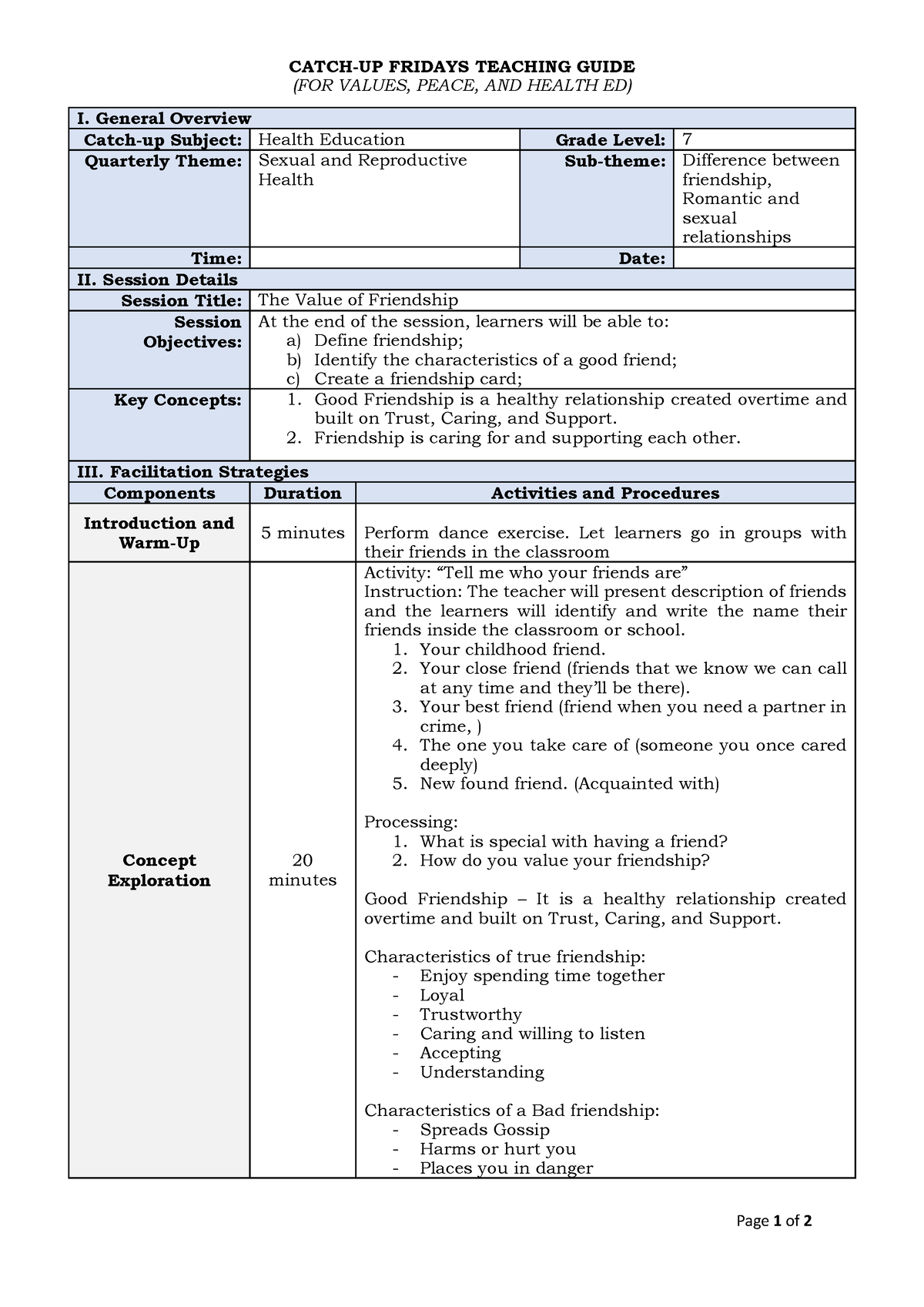 Teaching Guide Catchup Template Health Grade 7 - CATCH-UP FRIDAYS ...