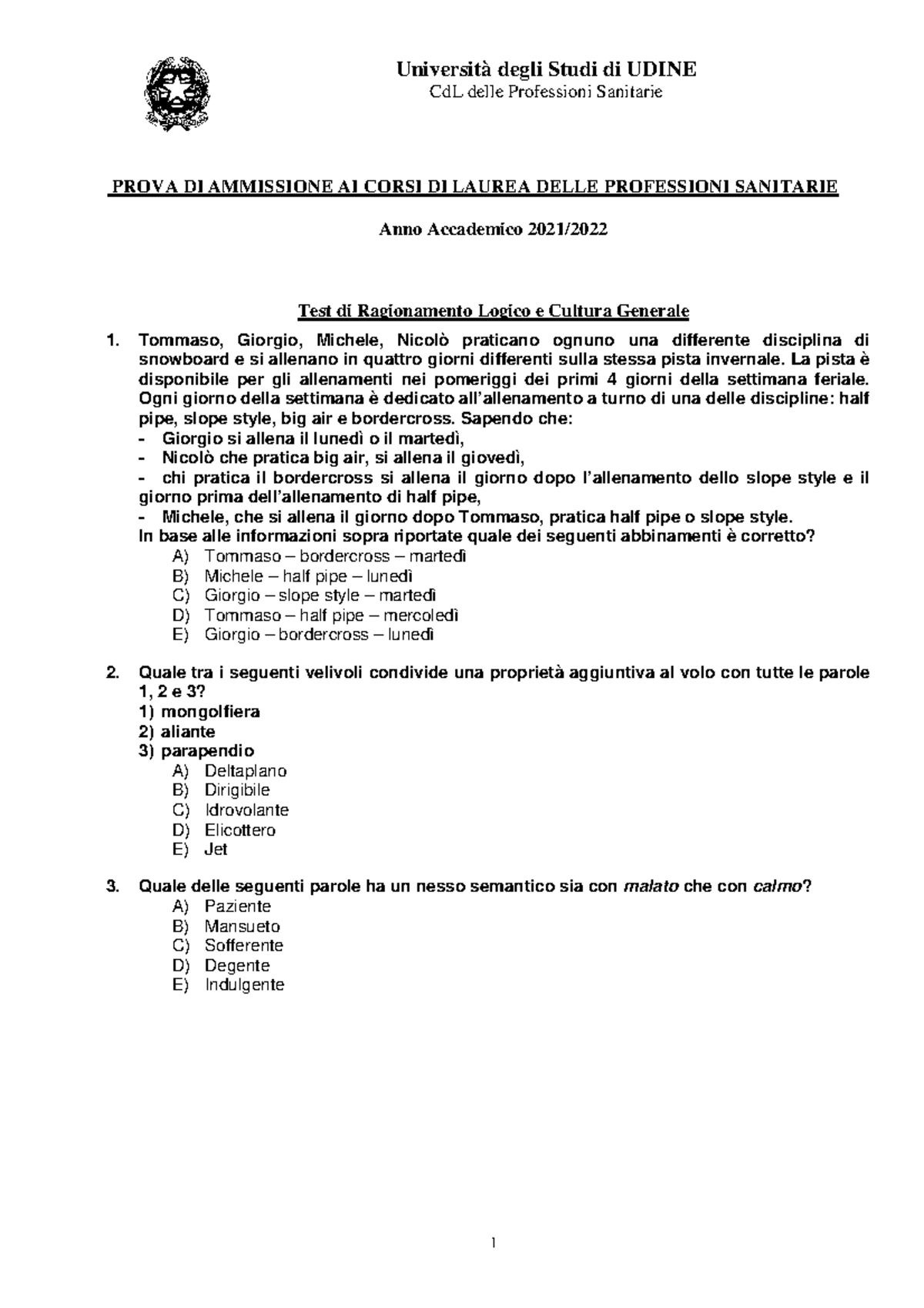 Cineca Test Professioni Saniterie Università degli Studi di UDINE CdL