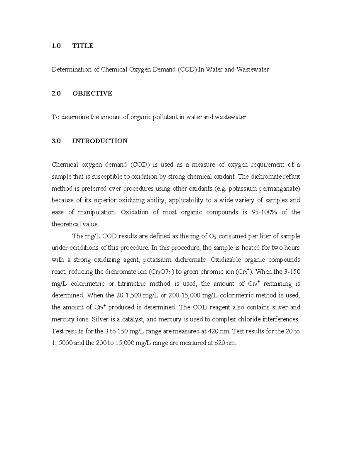 EXP 1 Chemical Oxygen Demand - 1 TITLE Determination of Chemical Oxygen ...