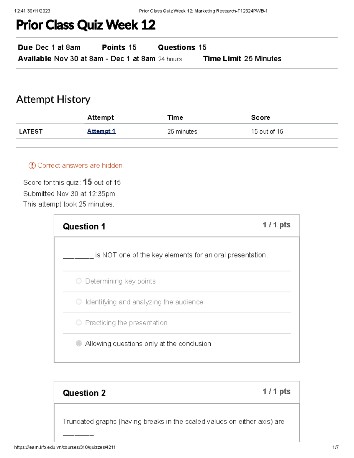 Prior Class Quiz Week 12 Marketing Research T12324 Pwb 1 Prior Class Quiz Week 12 Due Dec 1 At 1206