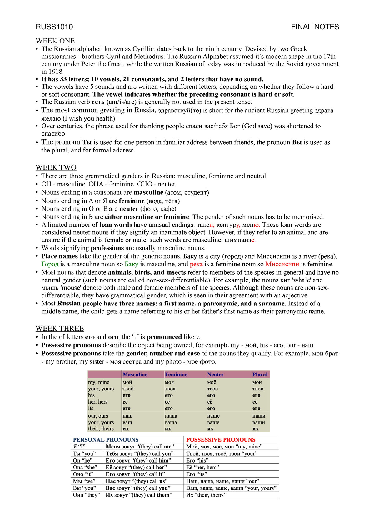 Russian Final Notes - WEEK ONE The Russian alphabet, known as Cyrillic ...