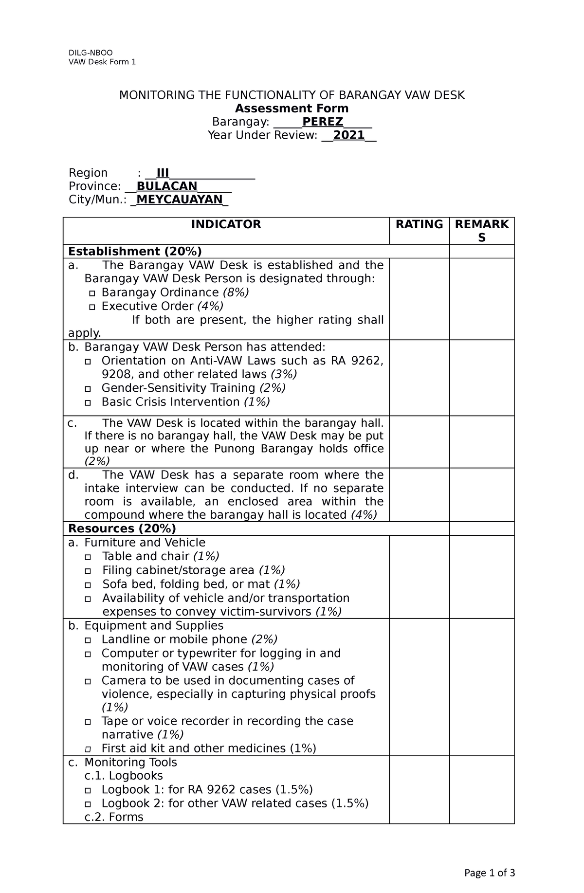 VAW Desk Form 1 - VAWC functionality Assessment Form 1 - DILG-NBOO VAW ...