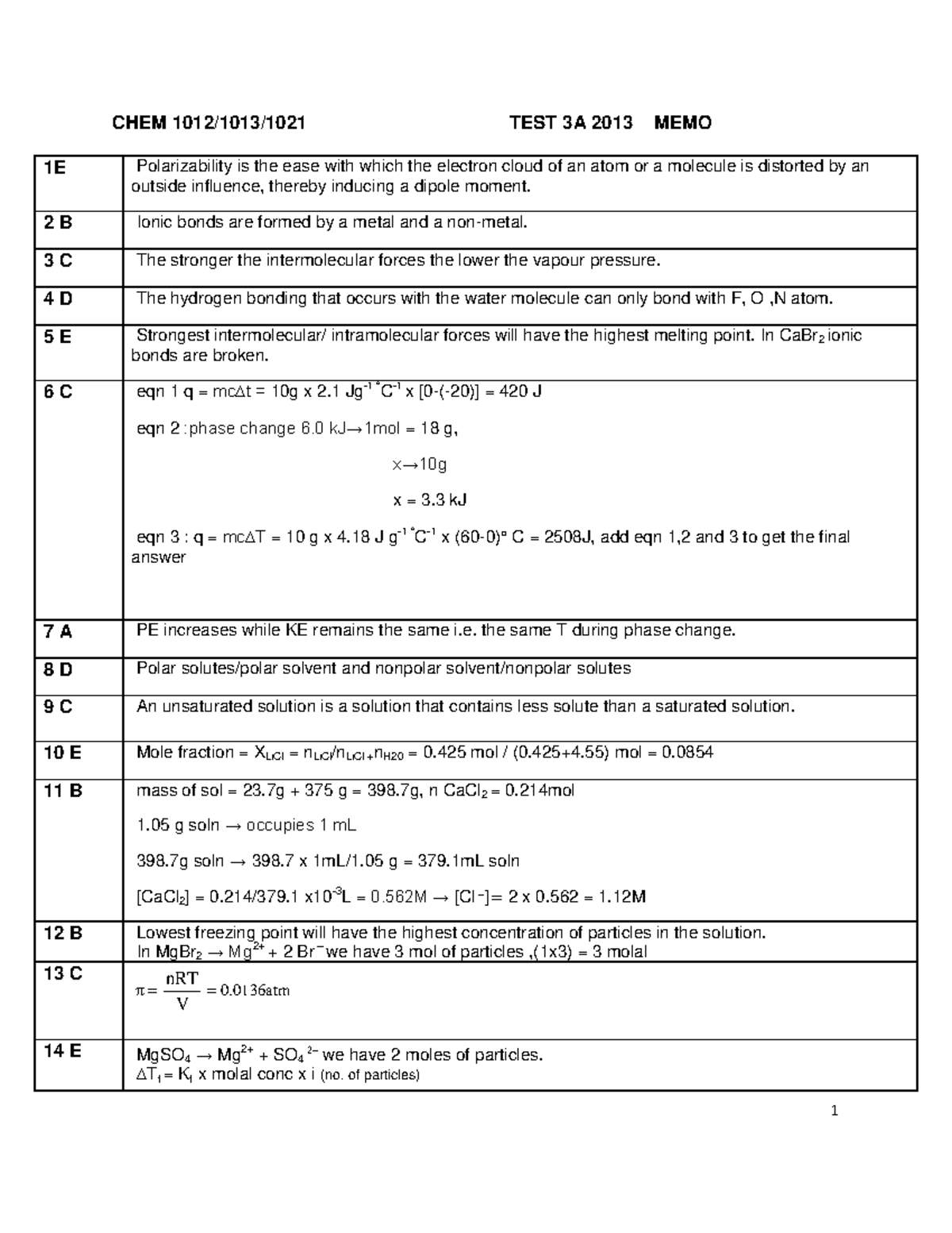 2 - Memo - 1 CHEM 1012/1013/1021 TEST 3A 2013 MEMO 1E Polarizability is ...