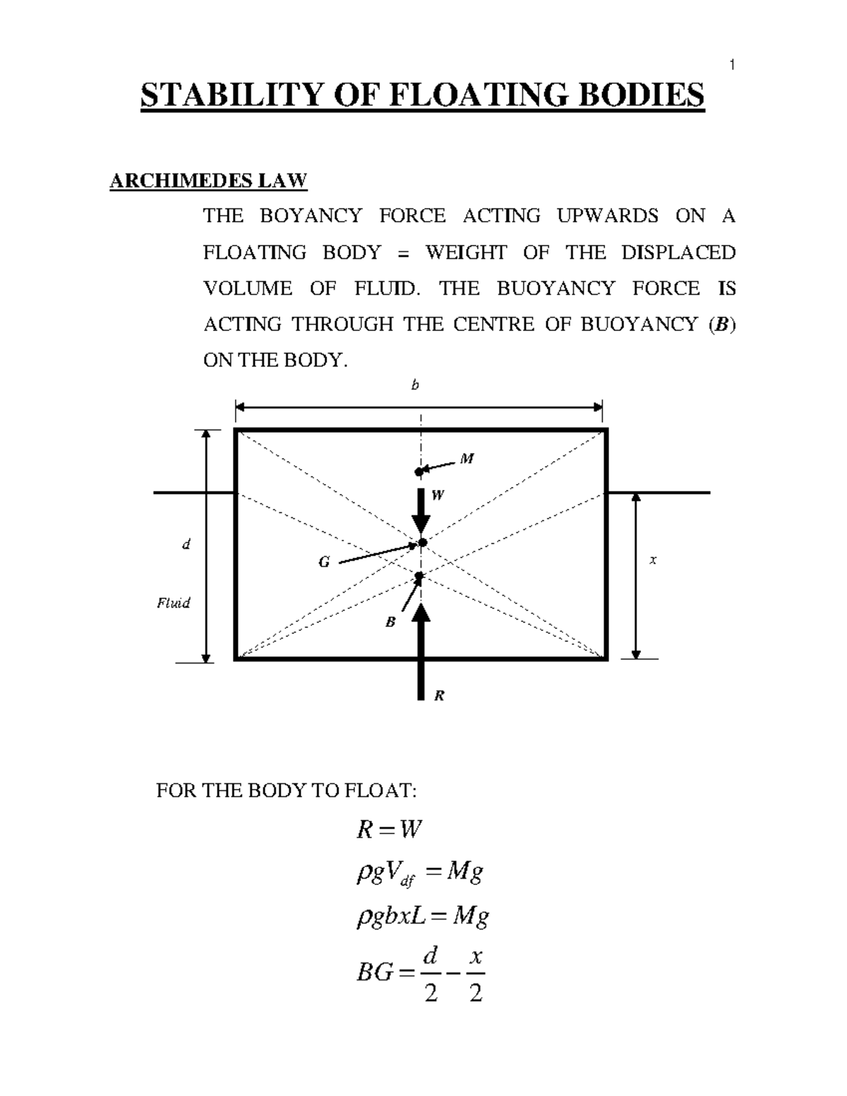 STABILITY OF FLOATING BODIES - STABILITY OF FLOATING BODIES ARCHIMEDES ...