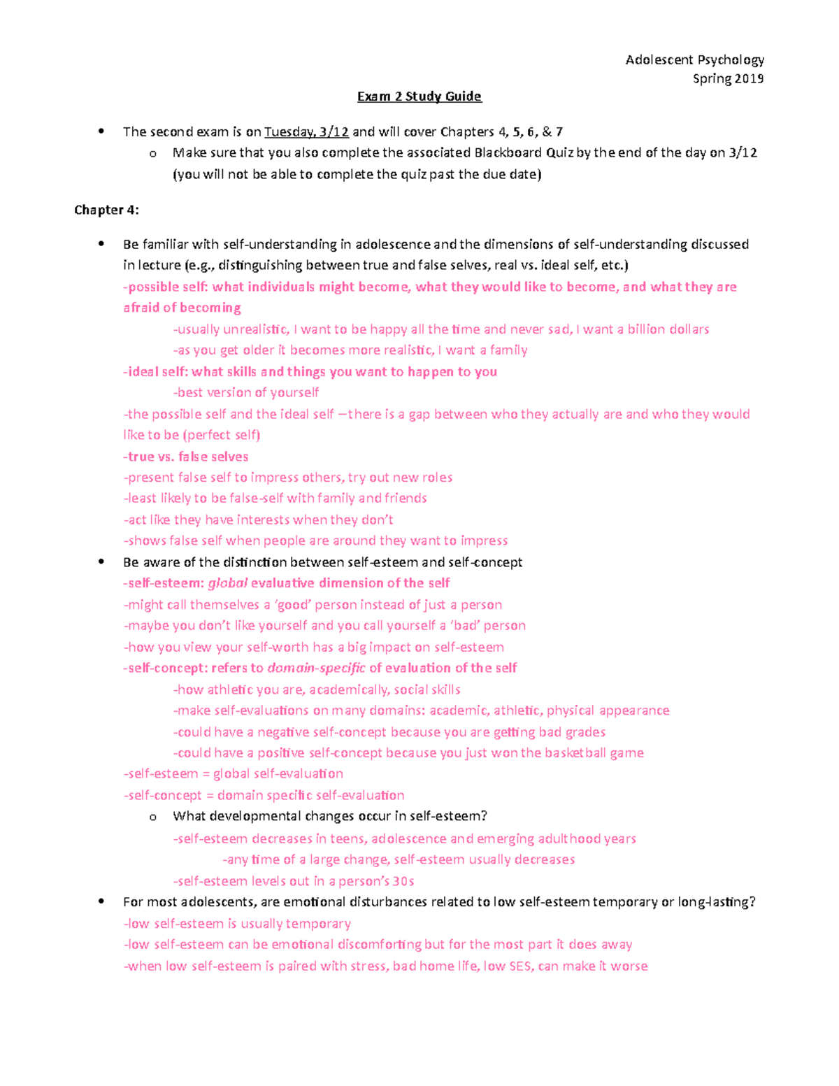 Adolescent Psychology Exam 2 Study Guide Spring 2019 - Adolescent ...