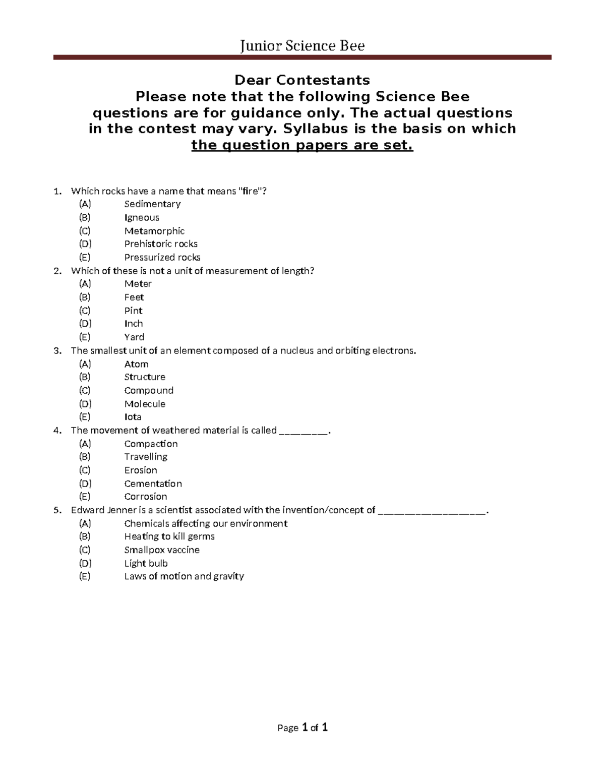 Practice Science Questions - Junior Science Bee Dear Contestants Please ...