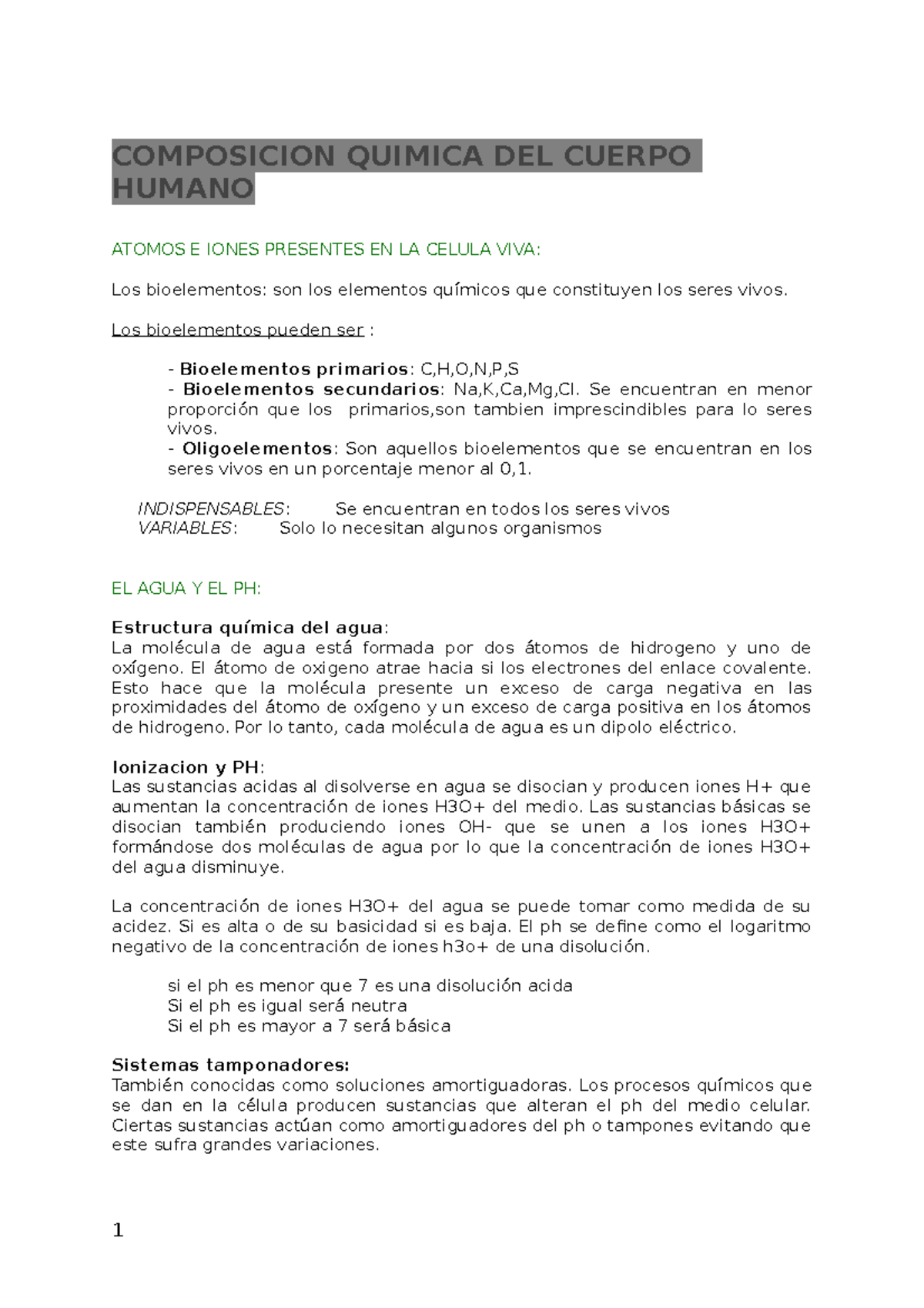 Biologia T1 - Apuntes 1 - COMPOSICION QUIMICA DEL CUERPO HUMANO ATOMOS ...