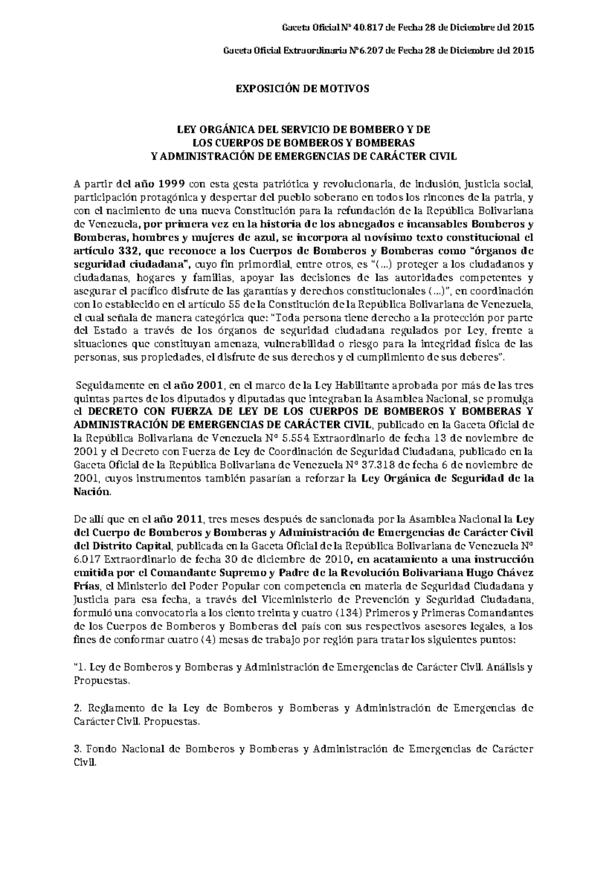 LEY Organica DEL Servicio DE Bomberos YA Lista CON Exposicion DE