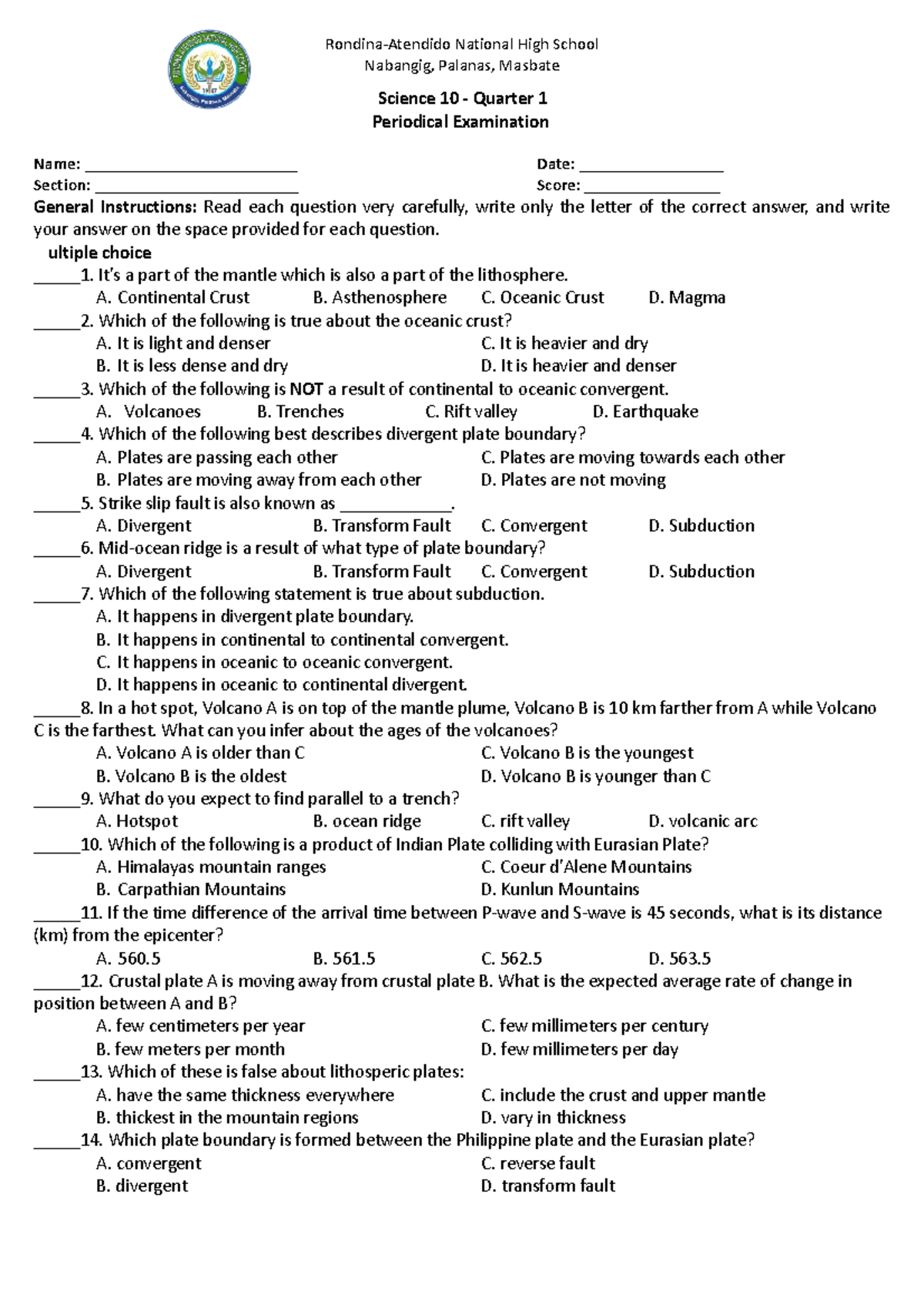 1st quarter periodical exam - Rondina-Atendido National High School ...