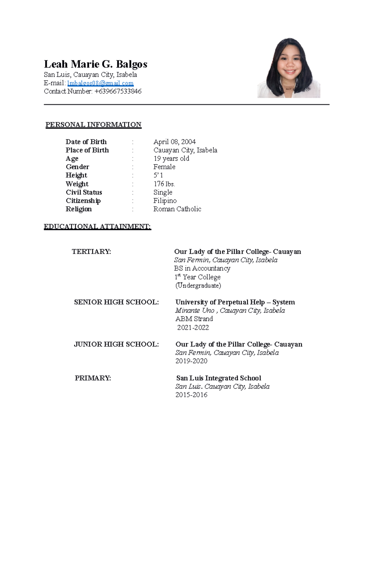 Balgos Leah Marie Resume - Leah Marie G. Balgos San Luis, Cauayan City ...