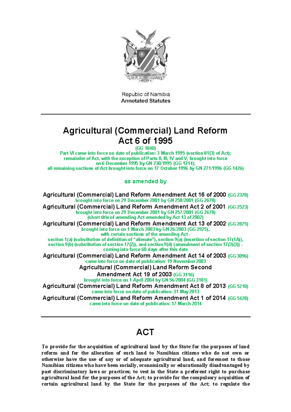 Agricultural Land Reform Act 6 of 1995 (Signed by the