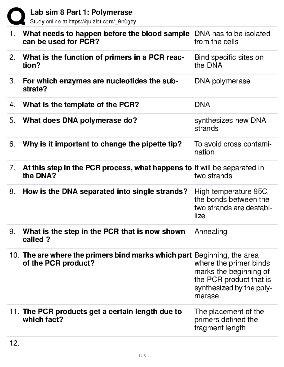 Biochemlab polymerase chain reaction Lab sim 8 Part 1 Polymerase
