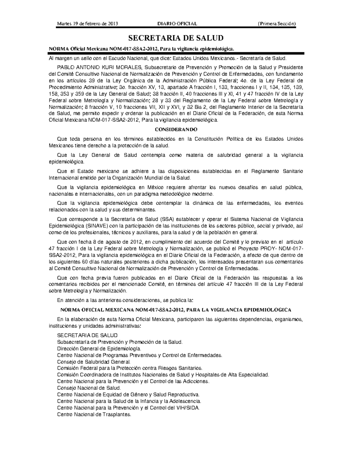 Nom Para La Vigilancia Epidemiol Gica Ssa Martes De Febrero De Diario Oficial