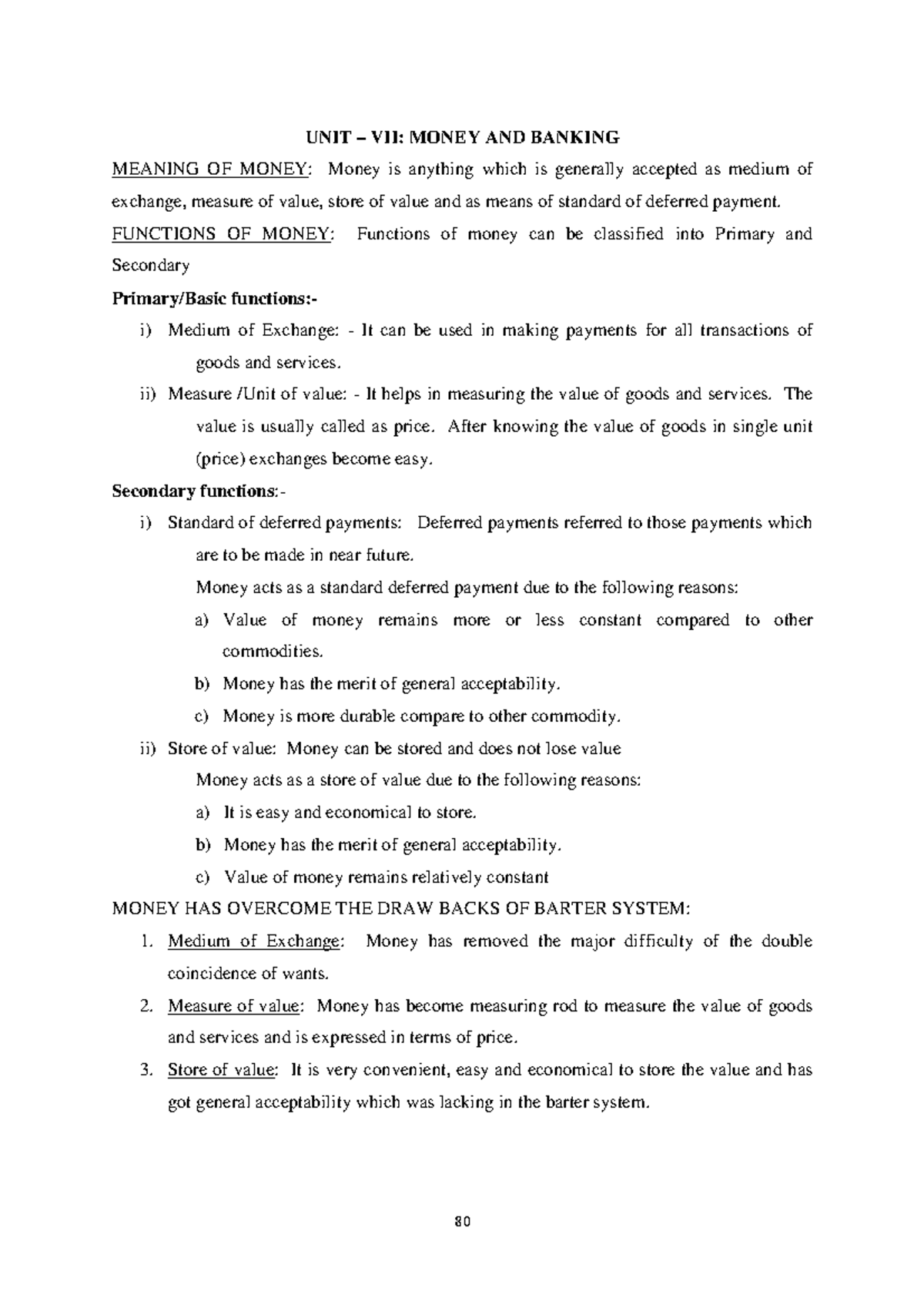 12 economics notes macro ch02 money and banking - UNIT – VII: MONEY AND ...