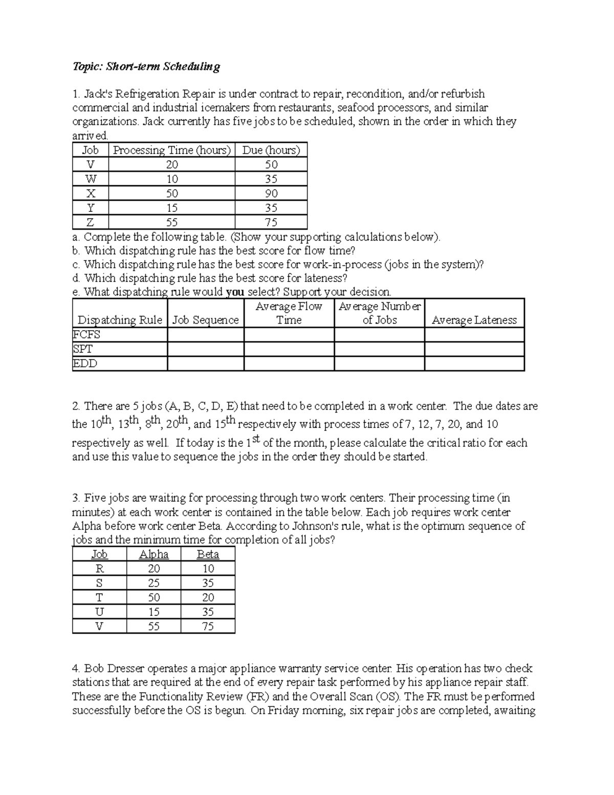 Hw 4 - work - Topic: Short-term Scheduling Jack's Refrigeration Repair ...