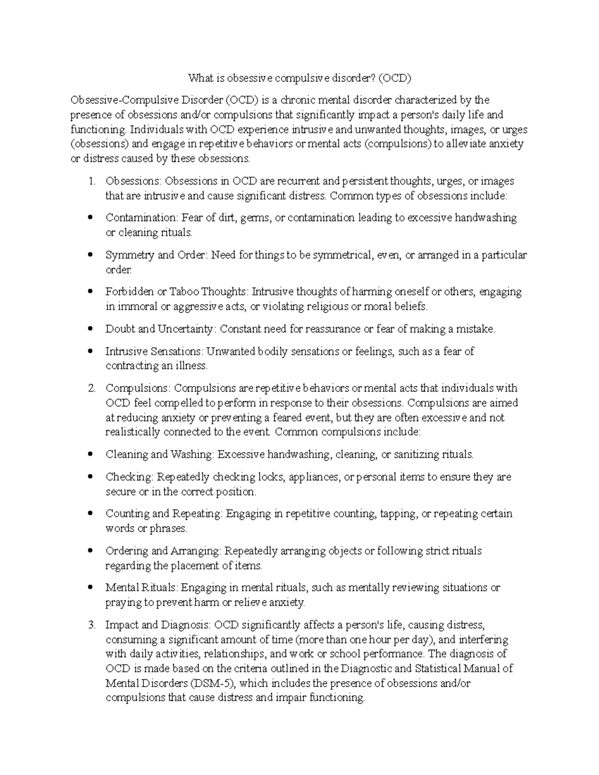 What is obsessive compulsive disorder Individuals with OCD
