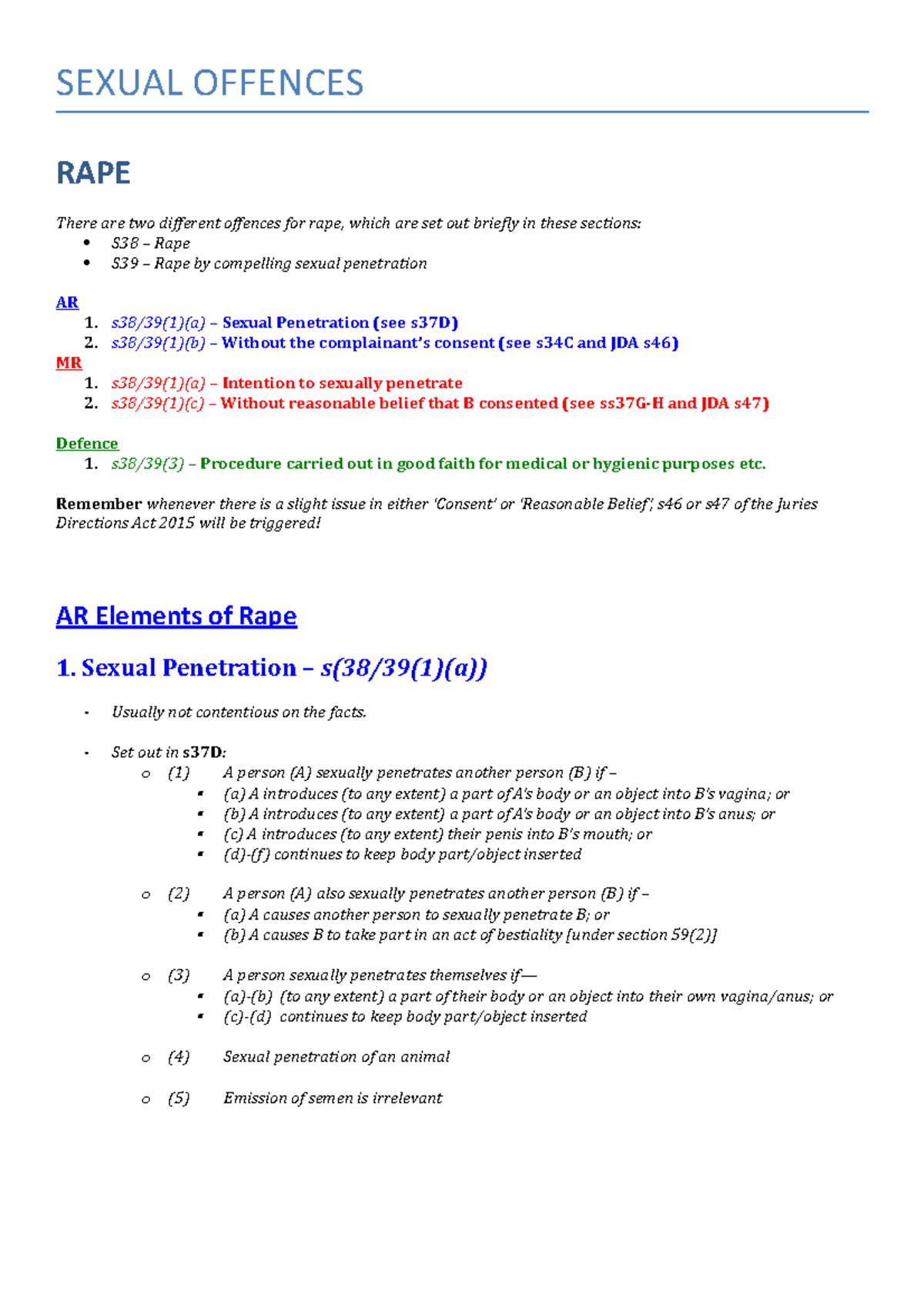 Summary - Exam Notes - SEXUAL OFFENCES RAPE There Are Two Different ...