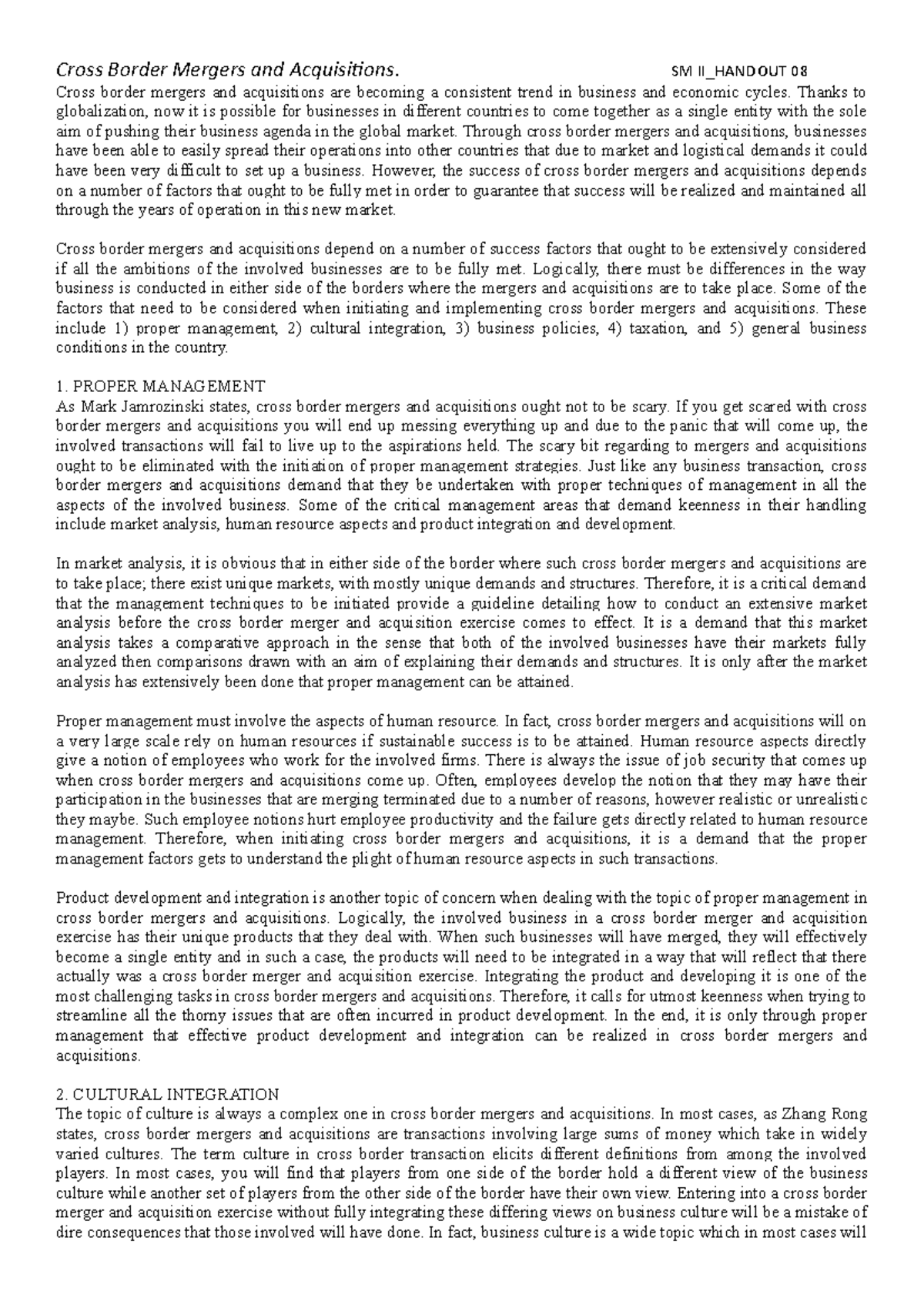 SM II- Handout 08-Cross Border-M&A - Cross border mergers and ...