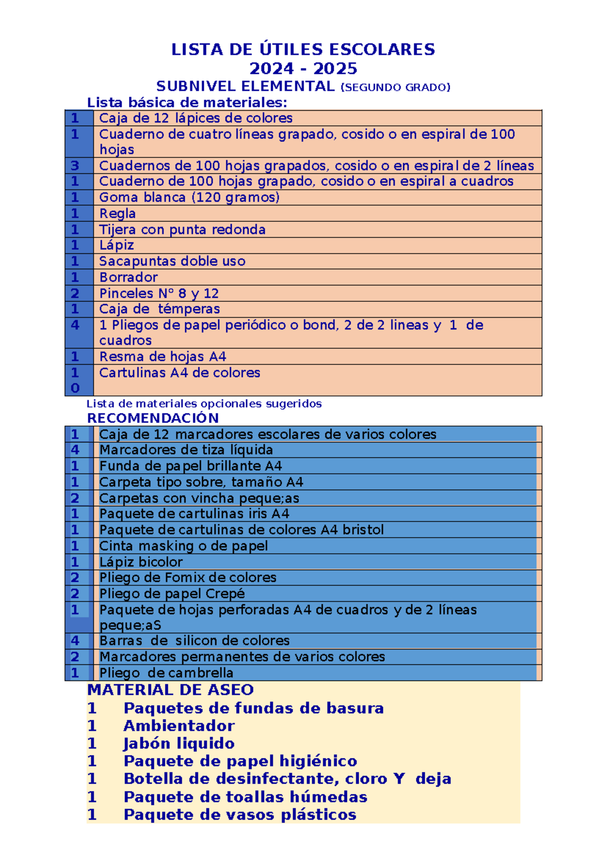 Lista DE Ú Tiles 2024-20254 Grado 2 - LISTA DE ÚTILES ESCOLARES 2024 ...